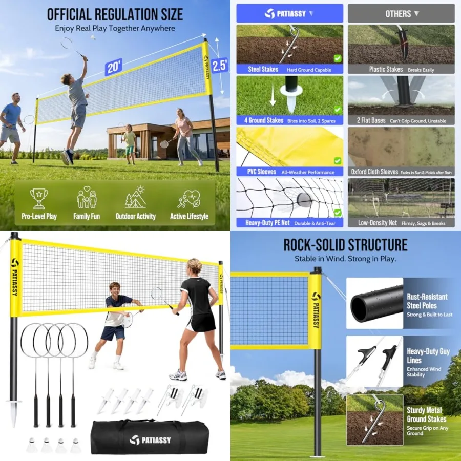 

Badminton Set for Backyard, Outdoor Badminton Net with Anti-Sag Design, 4 Professional Badminton Rackets, 4 Shuttlecocks and Ca