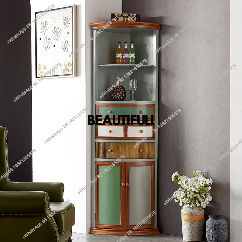 American rural corner wall retro cabinet rack living room floor storage wine cabinet triangular corner wine
