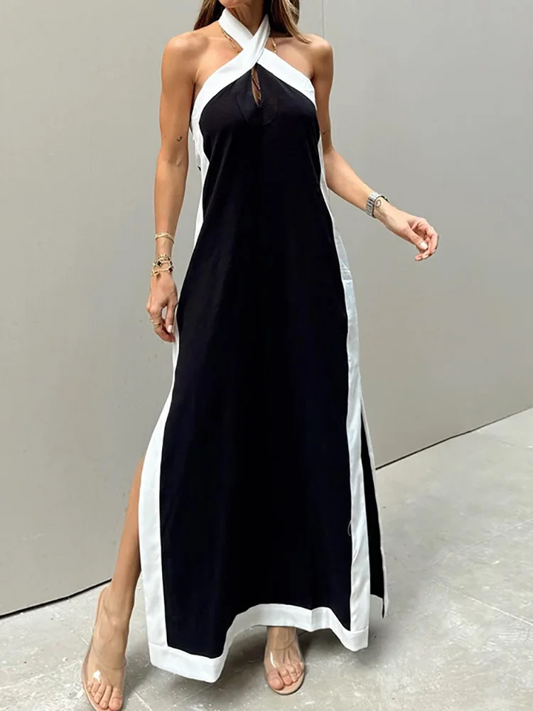 Elegant Women Slit Patchwork Solid Dress Female Summer Club Beach Party Backless Dress Sexy Off Shoulder Halter Slim Dress 2024