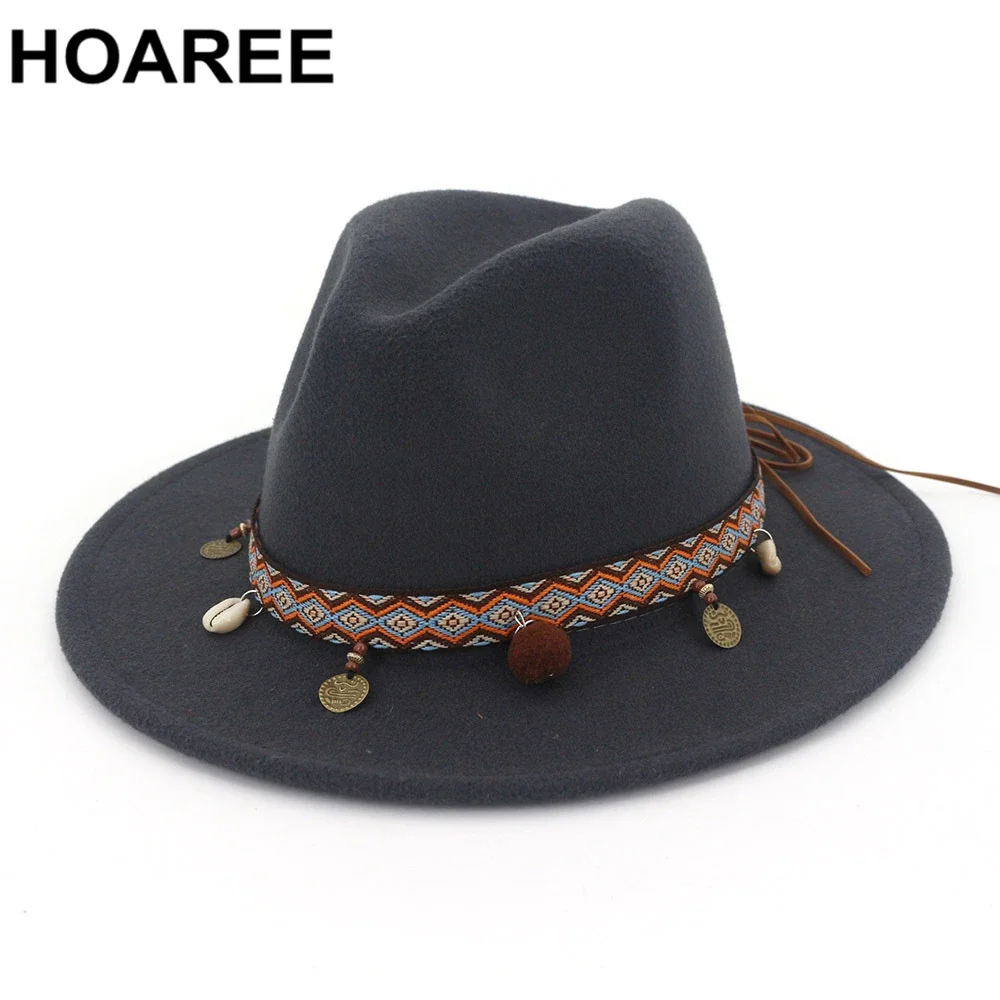 

HOAREE Dark Gray Fedoras Hats for Women Ethnic Style Wool Trilby Hat Female Wide Brim Vintage Ladies Autumn Winter Trave Hat