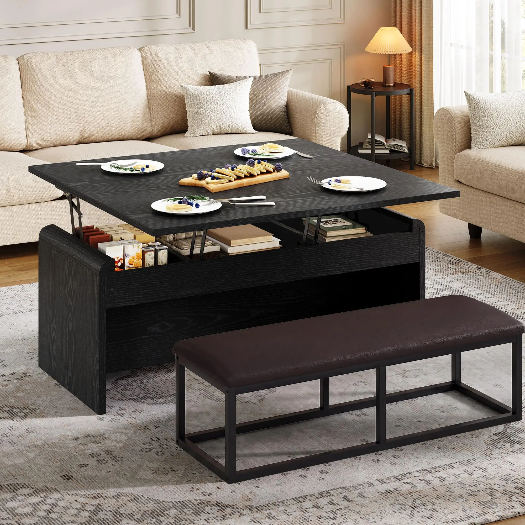 

Brown 40 Inch Lift Top Coffee Table With Storage Compartment And Matching Bench, Multi-Functional For Living Room Use