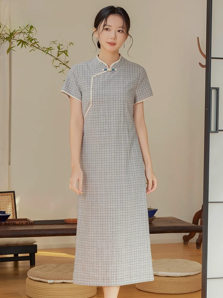 

Новинка лета 2025: Женское платье в стиле ретро с цветочным принтом, в китайском национальном стиле, с коротким рукавом и воротником-стойкой