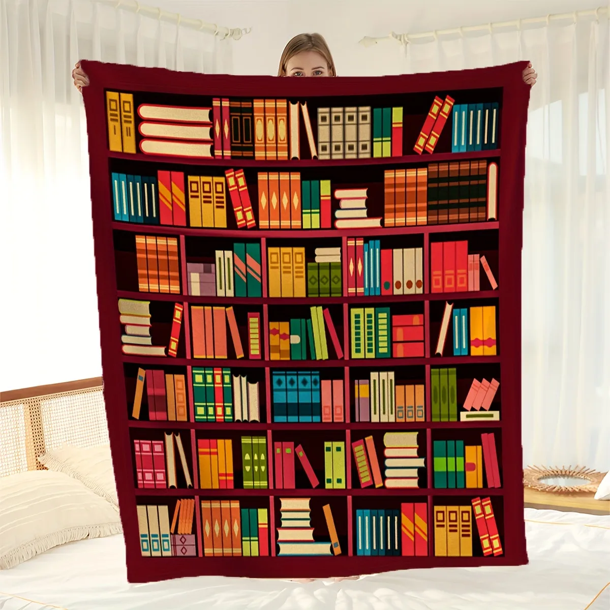 

Vintage Bookshelf Blanket - Soft Flannel Book Lover Reading Nook Throw