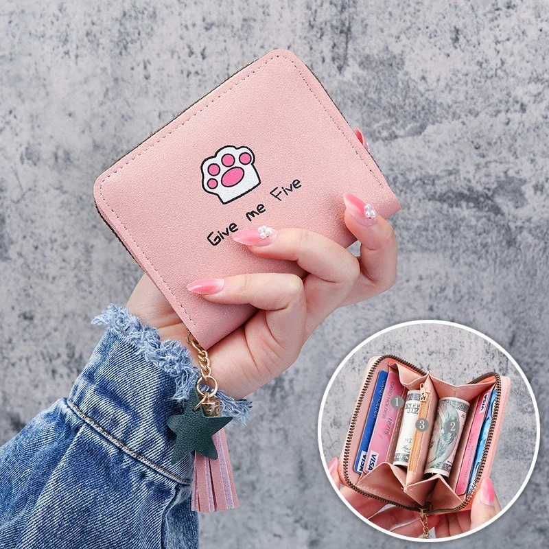 Cute Cartoon Cat Paw Print Women Zip Wallet Short Purse with Tassel Card Coin Holder for Girls Student