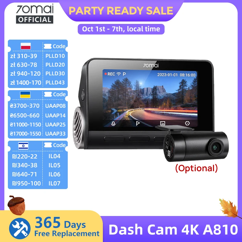 Dash Cam 70mai A810 4K Ultra HD con Angolo di Visione Ampio, GPS Integrato, ADAS, Sorveglianza Parcheggio 24h, Supporto 4G LTE e Controllo Remoto