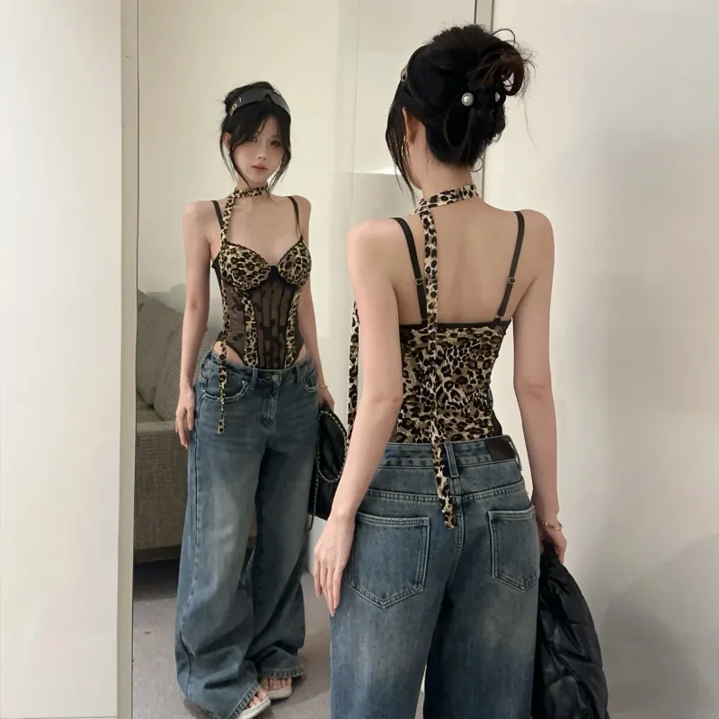 Mesh One-piece Leopard Print Suspender Vest Women's Summer American Sexy Strap Top