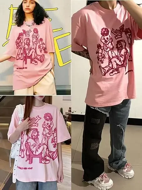 Kaus Merah muda bergaya Amerika untuk musim panas, T-Shirt Pullover Harajuku motif kartun lucu, Kaus Merah muda usia baru, T-Shirt modis untuk pasangan, pakaian jalanan Amerika