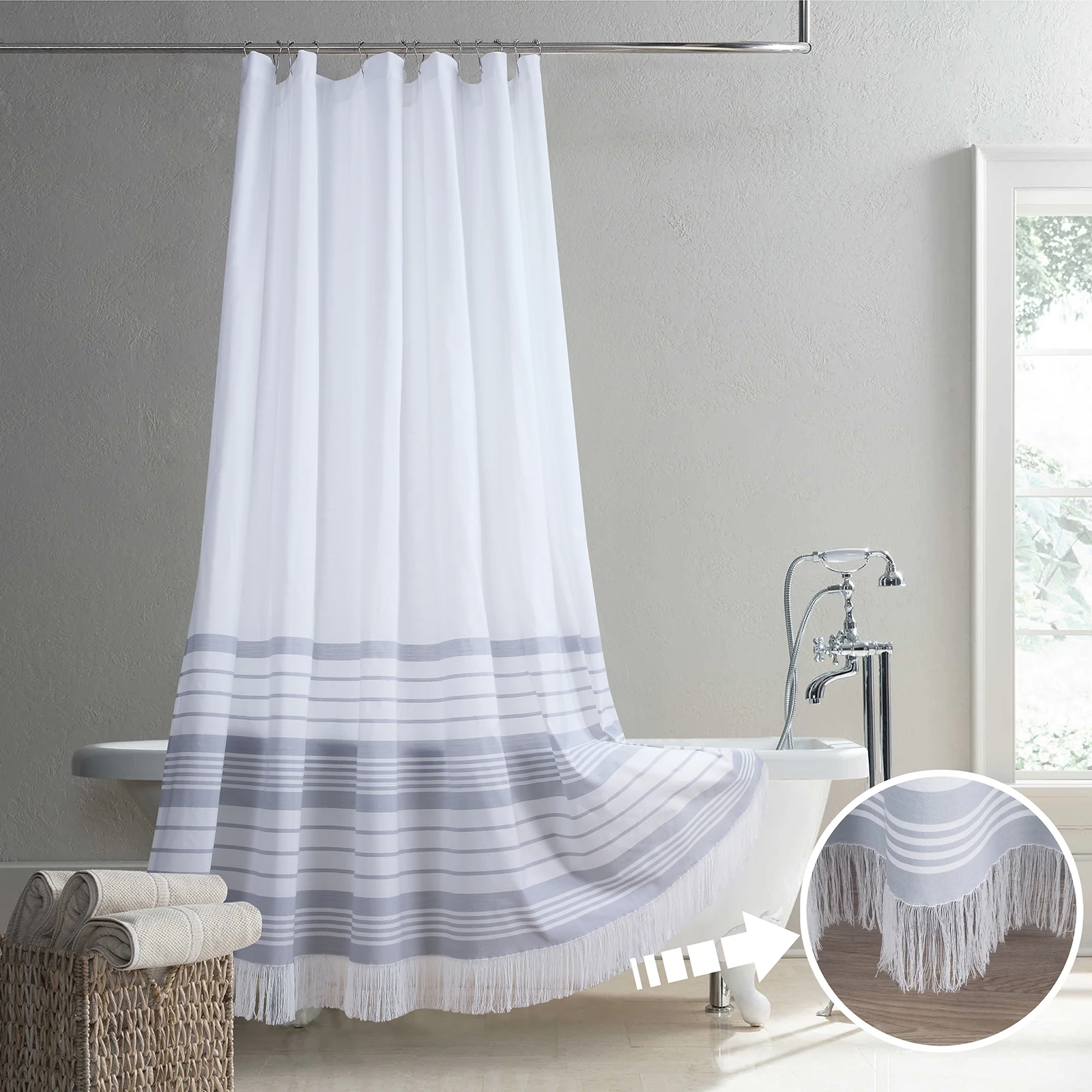 

Doris Grey Yarn Dyed Polyester Jacquard Gray Striped Fabric Waterproof Handmade Tassel Fringe Boho Farmhouse Gray Shower Curtain