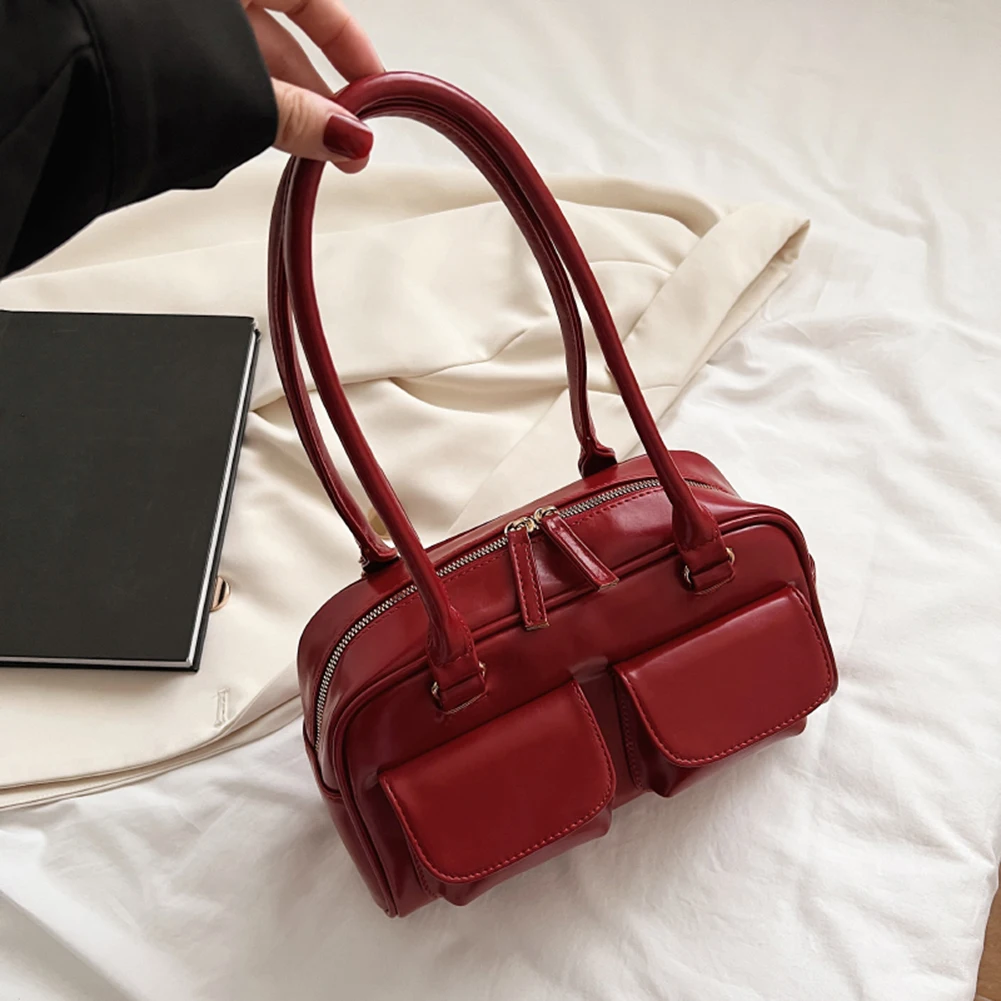 

Retro Women Tote Bag Double Pocket PU Leather Shoulder Handbag Stylish Casual Zipper Tote for Everyday Use