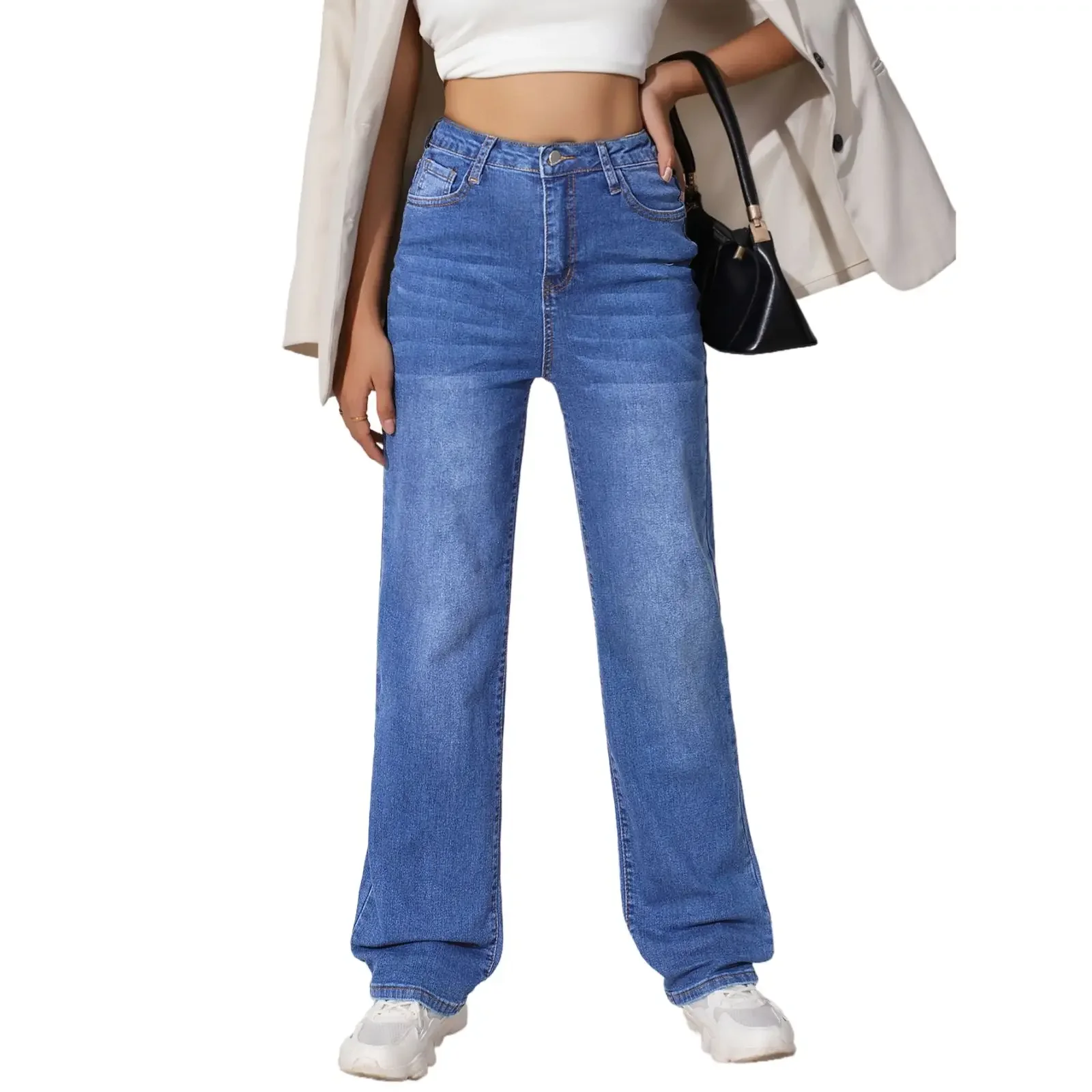 Trendy Y2k Jeans For Woman Blue Stretch Denim Pants Classic Straight Leg Comfort Fit Vintage Style Must Have Fashion