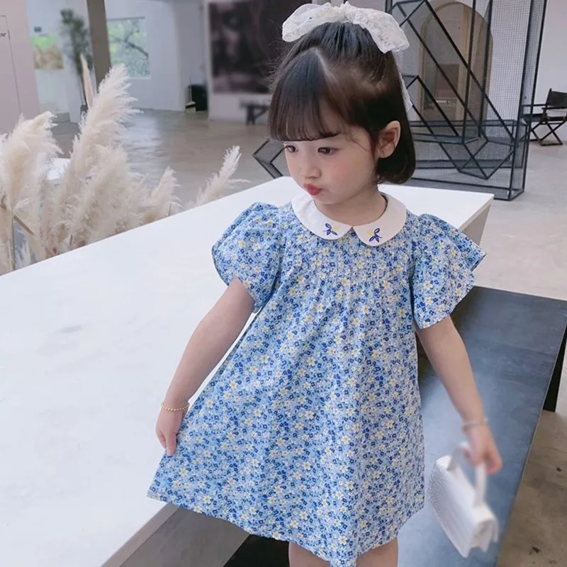 Summer Girls Baby Floral Dress Sweet Princess Girl Kids ricamo collare cotone compleanno A Line abiti abbigliamento per bambini 3-8T