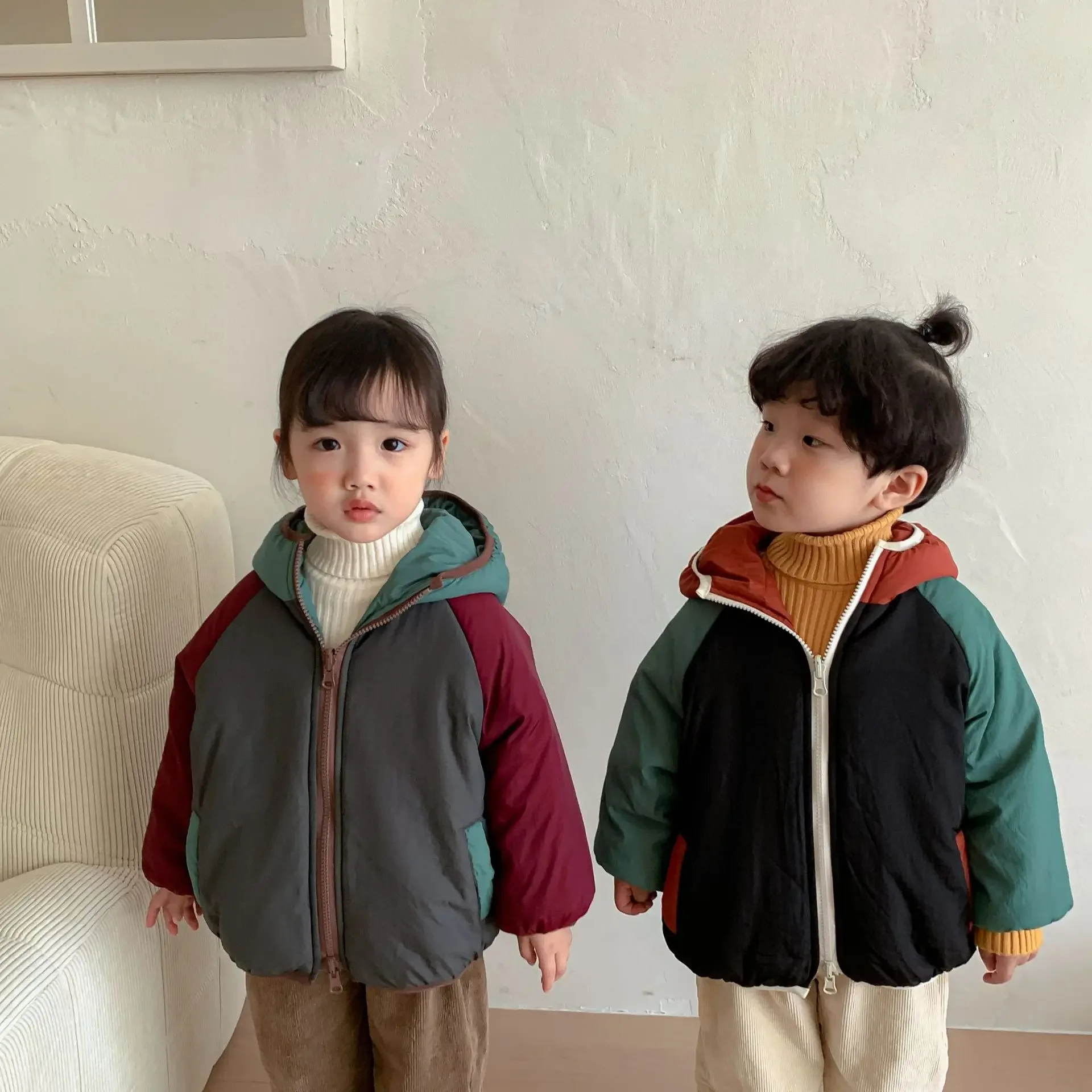 Parkas Children Clothing Cotton Two Sides Thickening Cotton Clip Boys Winter Girls New Baby Coat 2023 Hooded Splicing