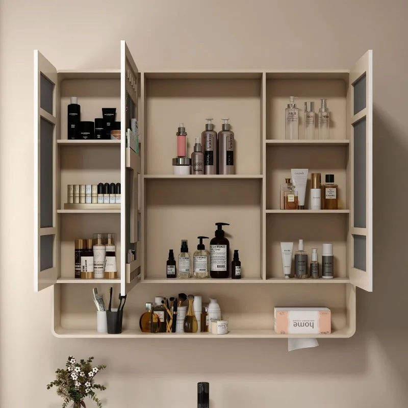 

Bathroom Mirror LED Light Anti Fog Wall Mounted Smart Storage Cabinet Full Body Aerospace Aluminum Thick Curved Frame Home