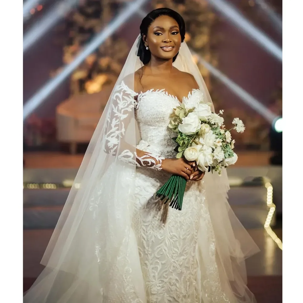 العربية Aso Ebi حورية البحر فساتين الزفاف الدانتيل مطرز انفصال قطار زي العرائس فساتين الزهور الدانتيل زين حسب الطلب