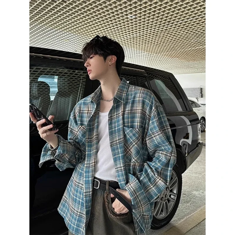 Men American Style Oversized Plaid Shirt Casual Loose Long Sleeve Workwear Blouse