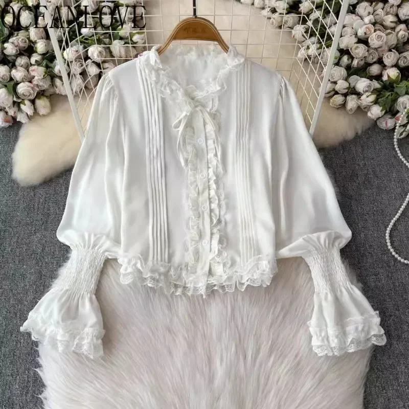 OCEANLOVE Puff Sleeve Blouses Solid Lace Ruffles Palace Style Women Shirts Spring Autumn Korean Fashion Sweet Retro Blusas Mujer