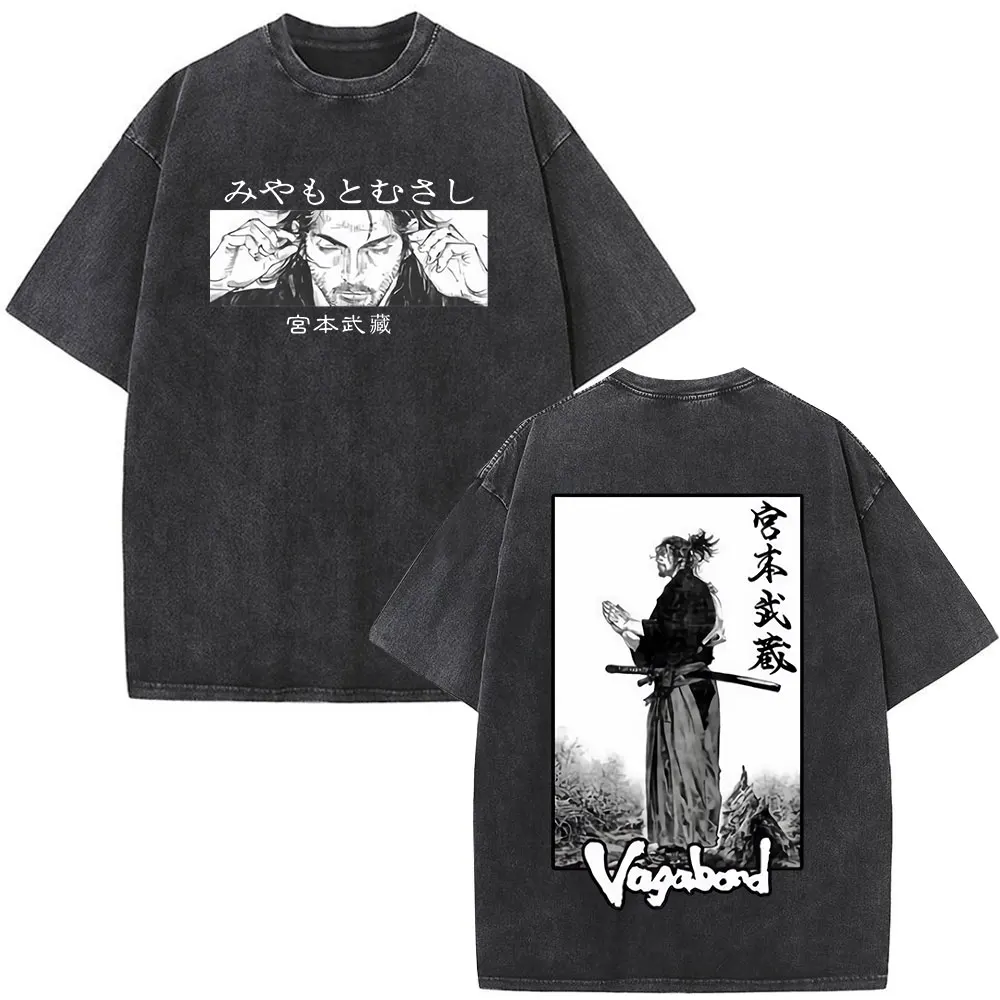 Anime Vagabond Miyamoto Musashi Vintage Washed T-shirts Men Women Clothing Casual Oversized Short Sleeve T Shirt Tops Streetwear