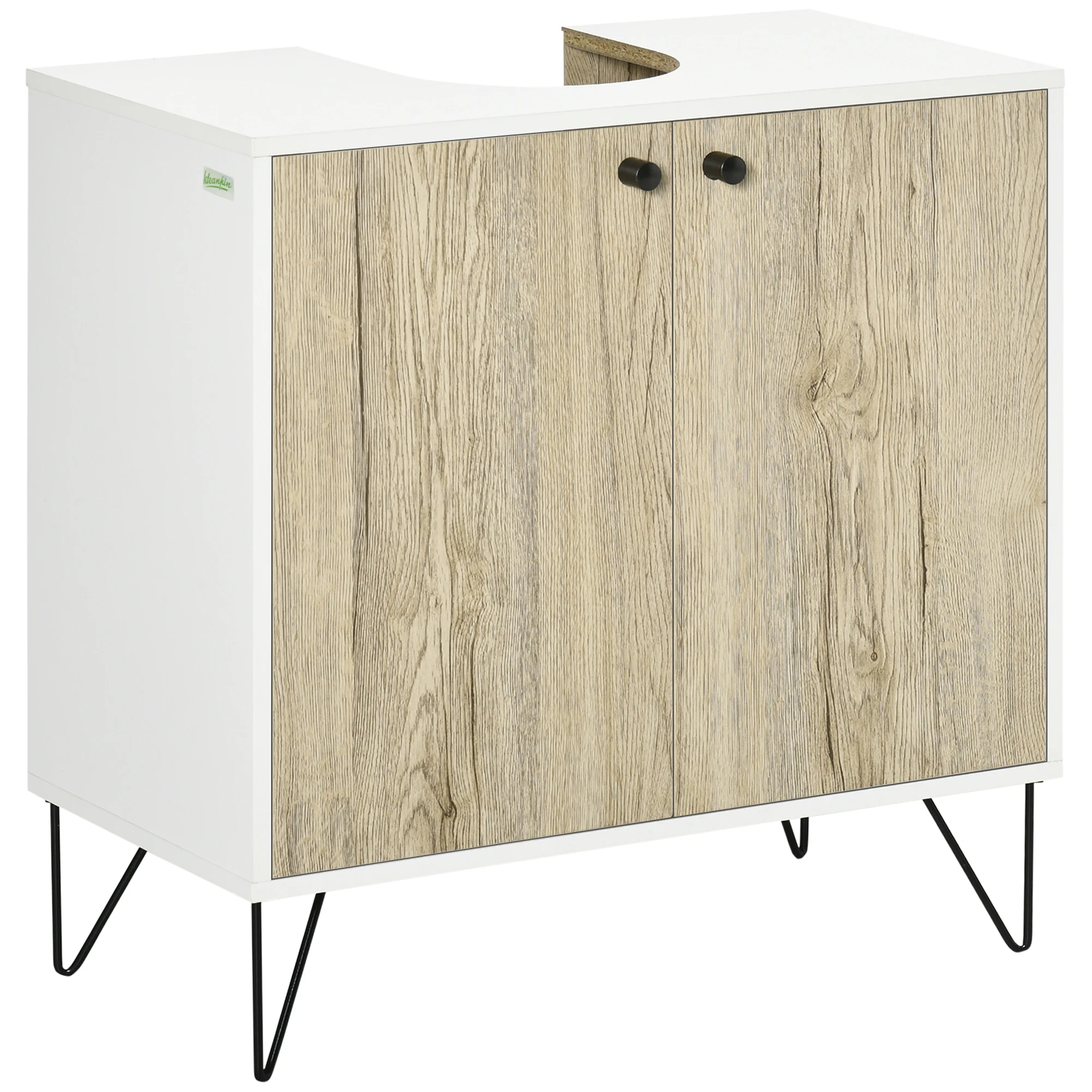 Kleankin Wood underbasin cabinet under sink floor bathroom cabinet with 2 doors steel shelf and legs 60x30x60 cm Oak and White