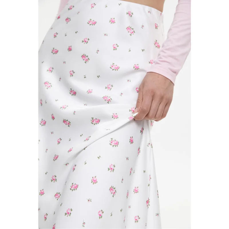 Elegant Floral Print Satin High-Waisted Pleated Skirt Chic Casual Color-Blocked Zippered A-Line Skirt New Stylish Women\'s Skirt