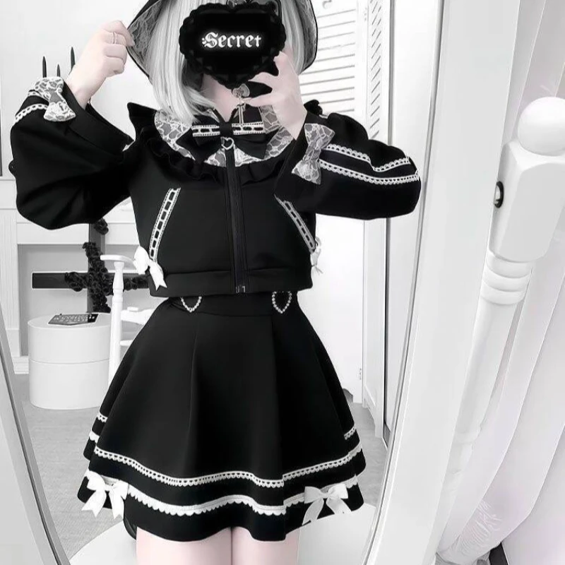 Japanese Gothic Y2k Lolita Style Skirt Sets Women Kawaii Bow Hooded Short Coat Lace Patchwork Mini Skirts Harajuku Fashion Suit