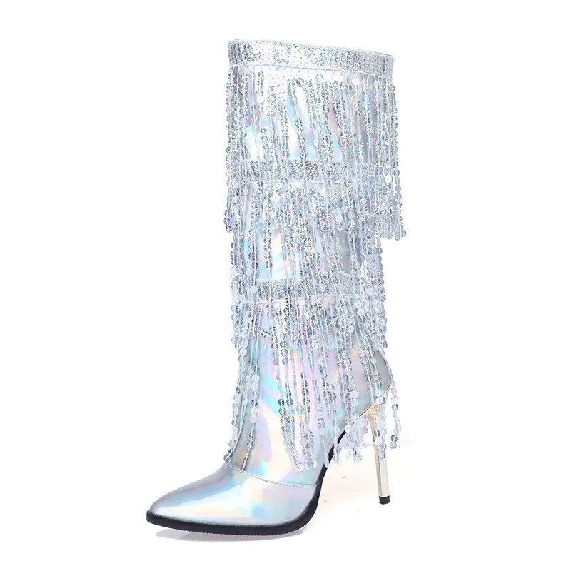 2023 Winter Lakleer Puntige Kop Vrouwen Schoenen Kwastje Stiletto Hakken Halfhoge Laarzen Zilver Omzoomd Botas Mujer Big size 46