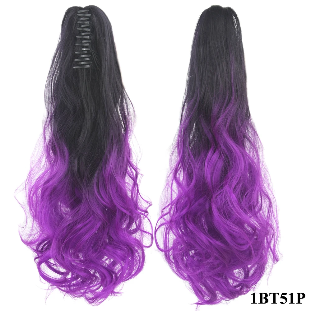 Soowee Long Straight Black to Grey Hairpiece Clip In Hair Extension Synthetic Hair Claw Ponytails Purple Pony Tail for Women