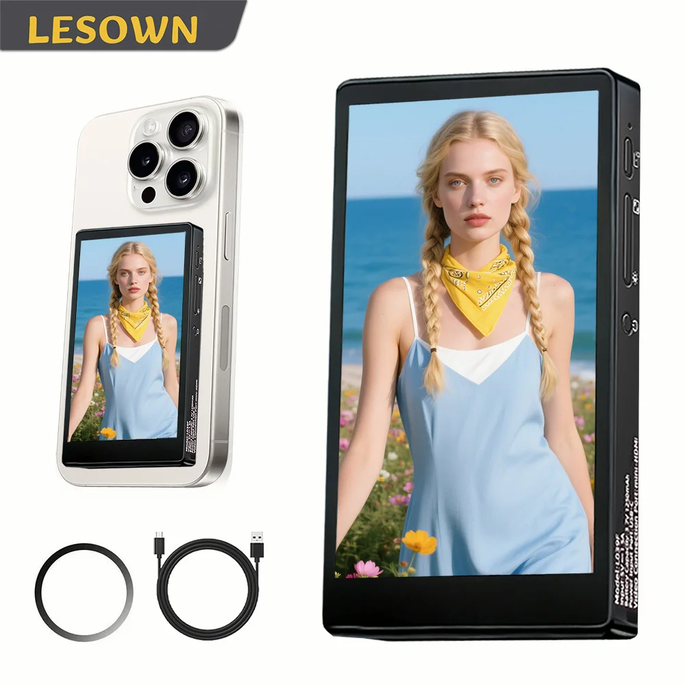 LESOWN 4'' 480x800 Wireless Magnetic Vlog Selfie Screen AirPlay Miracast Built-in Battery for iPhone Android Back Camera