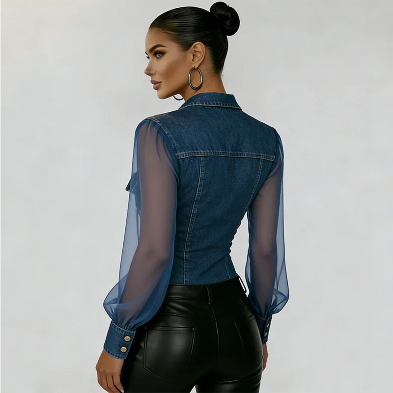 Blue Denim Sheer Mesh Shirt For Women Button Down Long Sleeve Lapel Chest Pockets Fitted Casual Blouse Commute Top