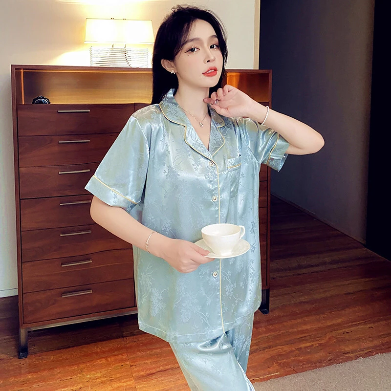 Summer Ice Silk Pajamas for Women Short-Sleeved Long-Pants Bamboo Jacquard Homewear Green Senior Ladies Sleepwear