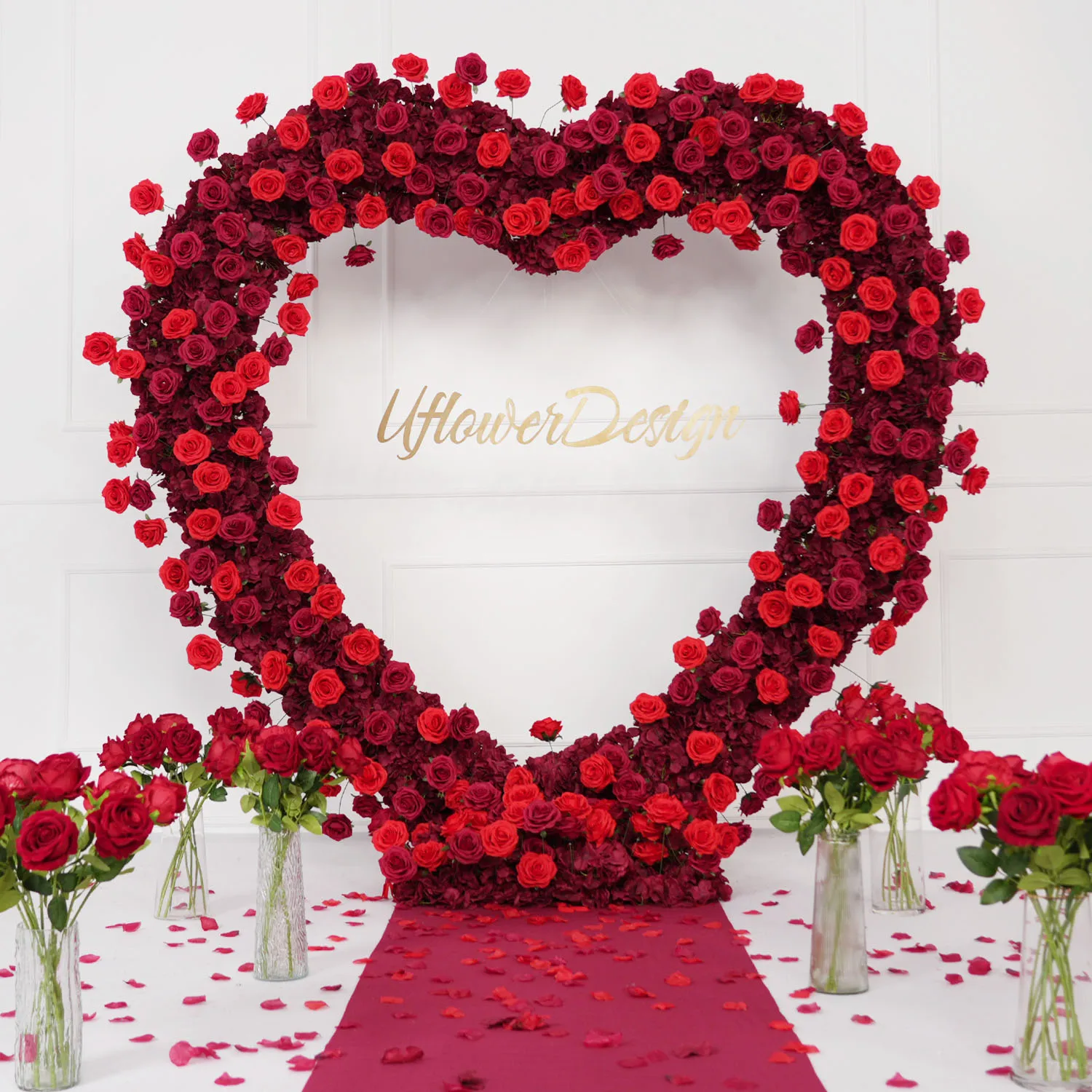 Uflower Heart-Shaped Frame Arch Wedding Backdrop Decor Luxury Red Rose Floral Arrangement Cloth Base Wdding Dcorations items