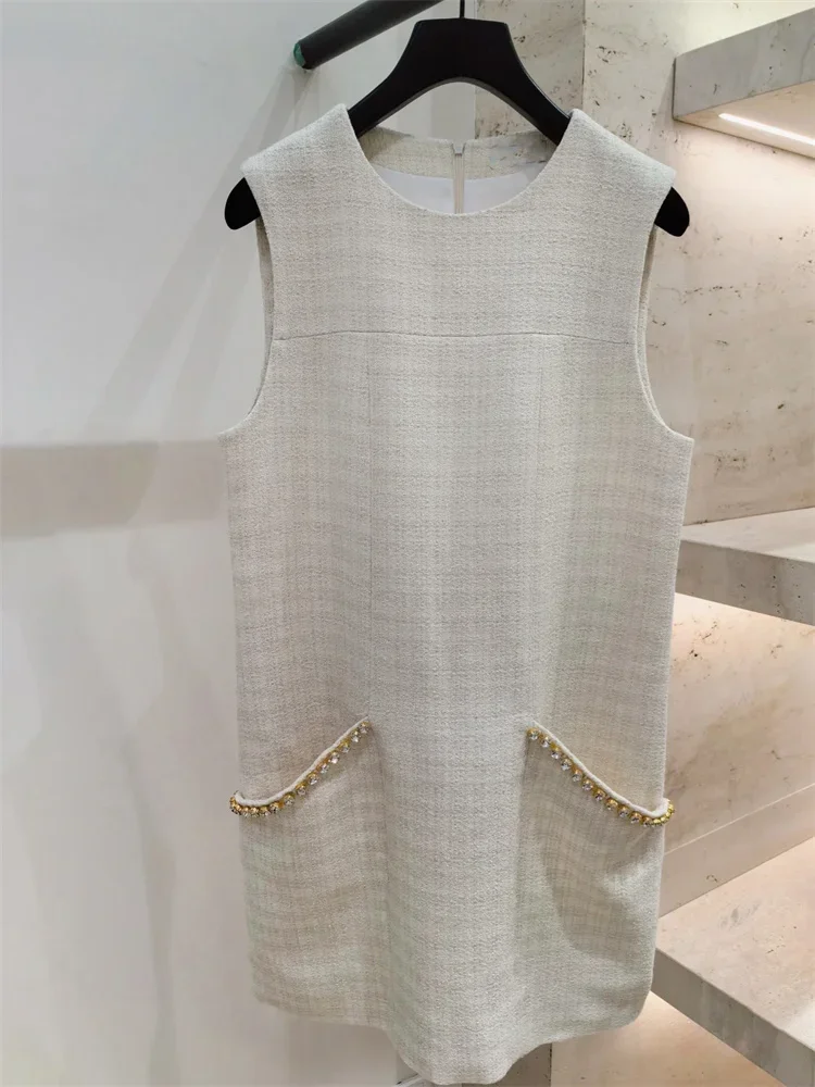 

Women Tweed Mini Dress Diamond Pockets Round Neck Sleeveless Elegant Summer 2024 Short Robe