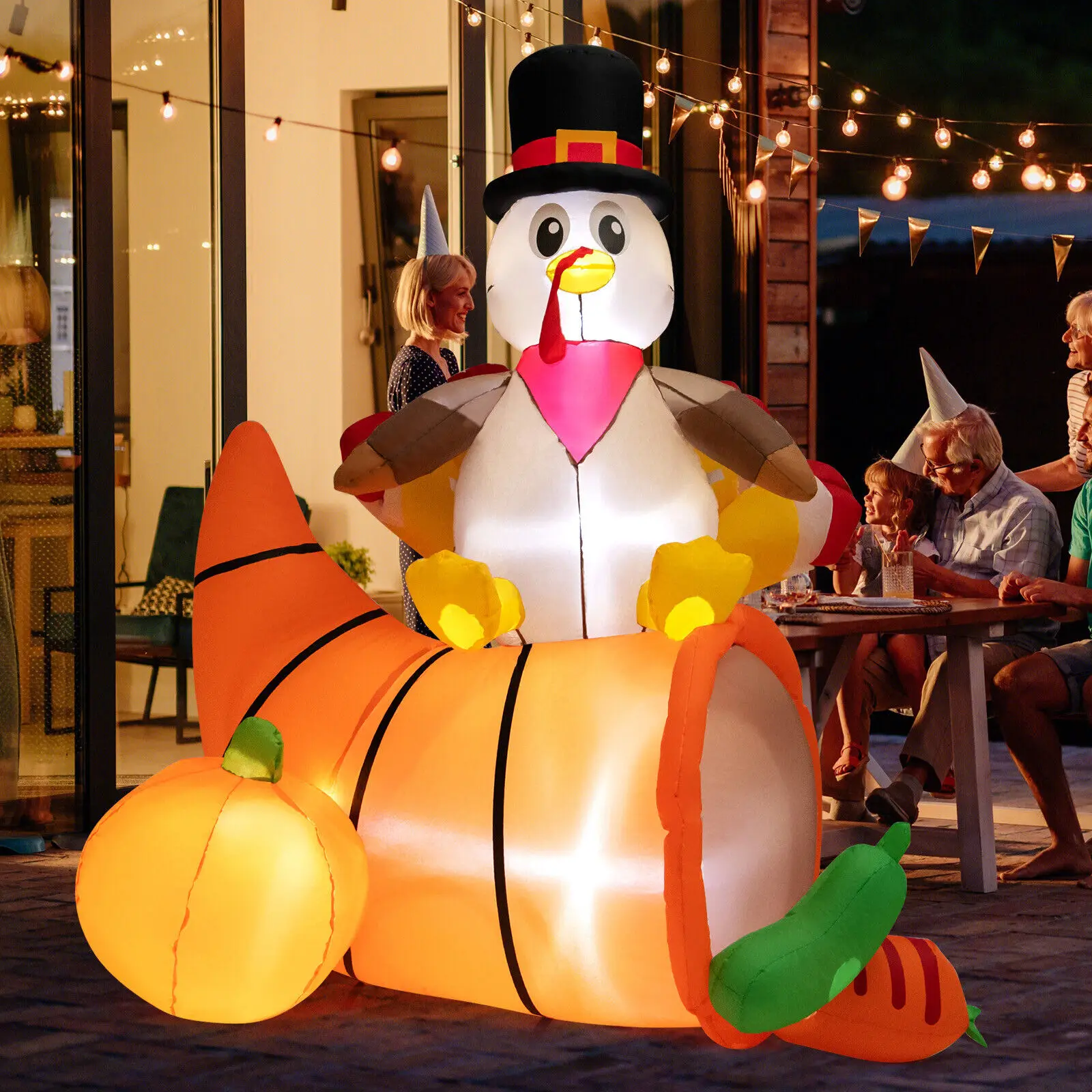 Costway 6 FT Thanksgiving Inflatable Turkey on Cornucopia Harvest Autumn Decor w/Light