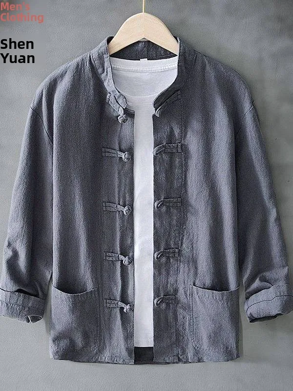 

Loose Retro Sle Men's Hanfu Clothing Linen Texture Button Design Casual Chinese Sle Long Sve Autumn Outfit Set