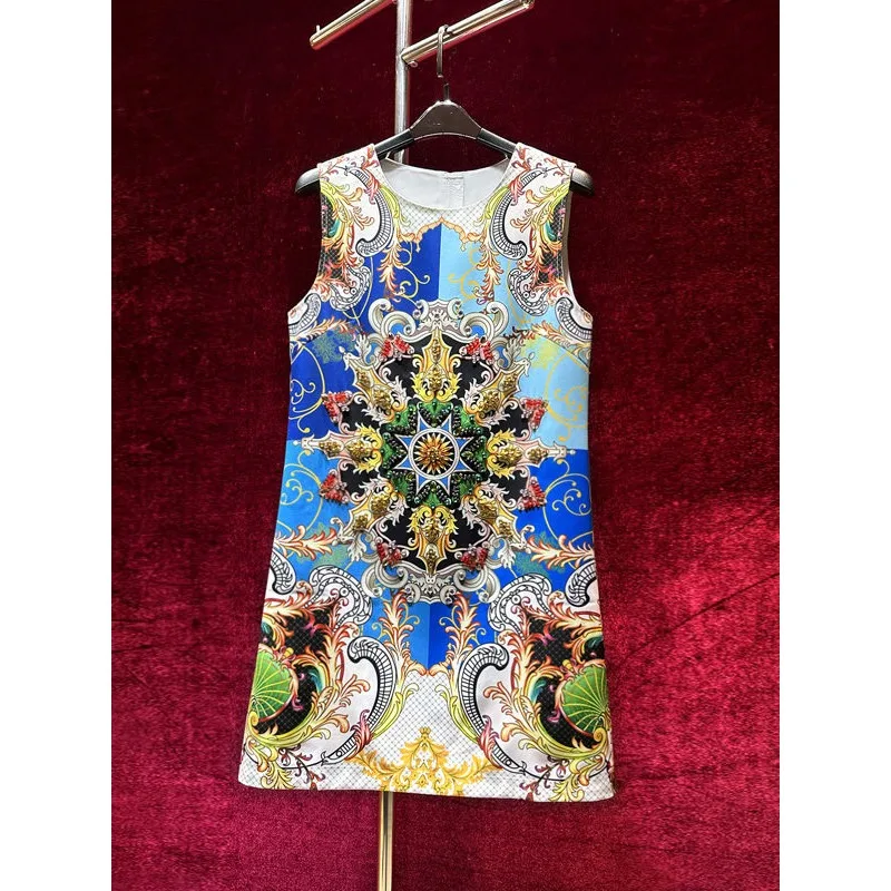 ZAMOR HIGH QUALITY European Vintage Print Luxury Heavy Beaded Sleeveless Dress Tummy Control Elegant 2026 Summer