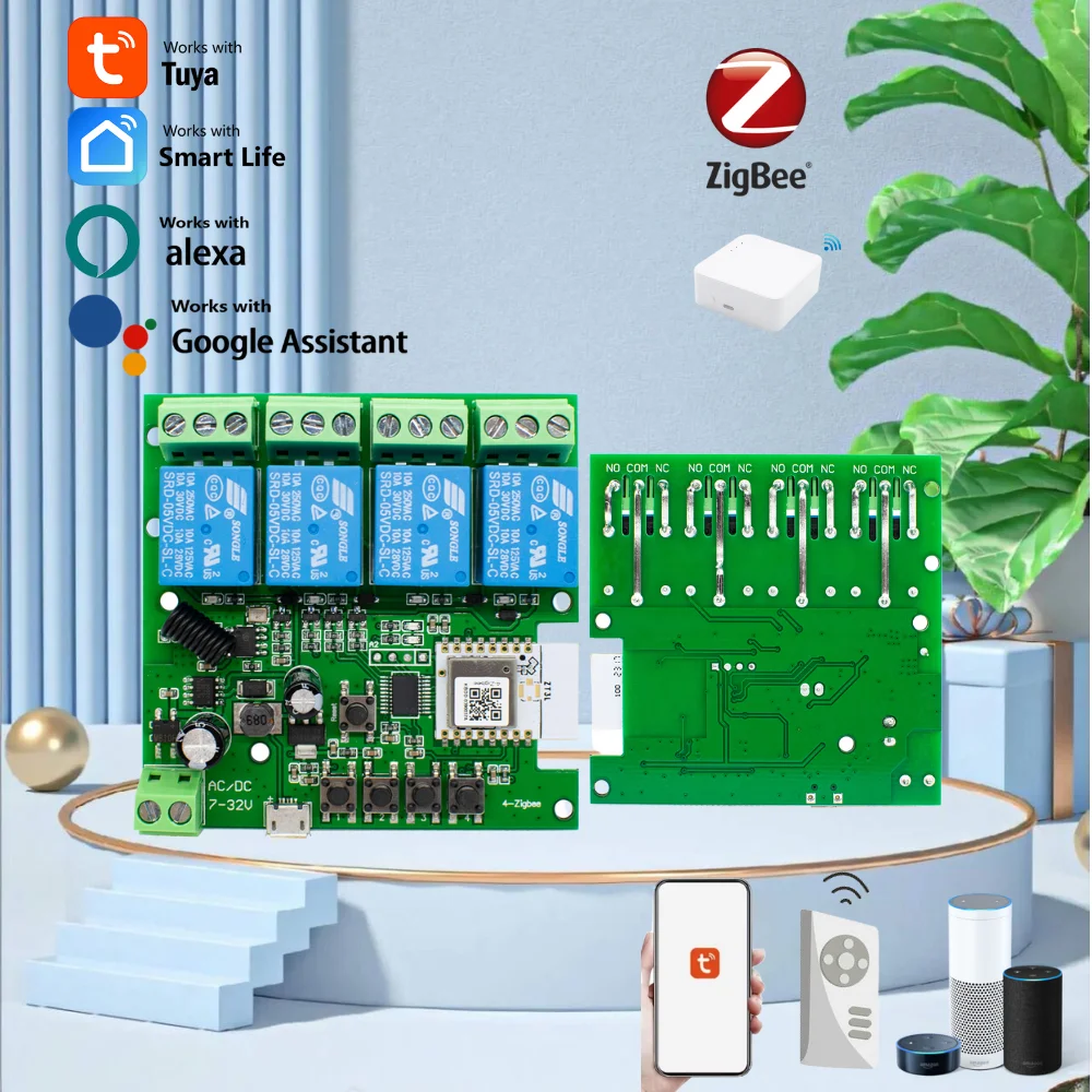 

4CH Tuya Zigbee 3.0 Релейный модуль для умного дома DC 12 В 24 В 220 В Модуль переключателя работает Alexa Google Assistant Smart Light Switch