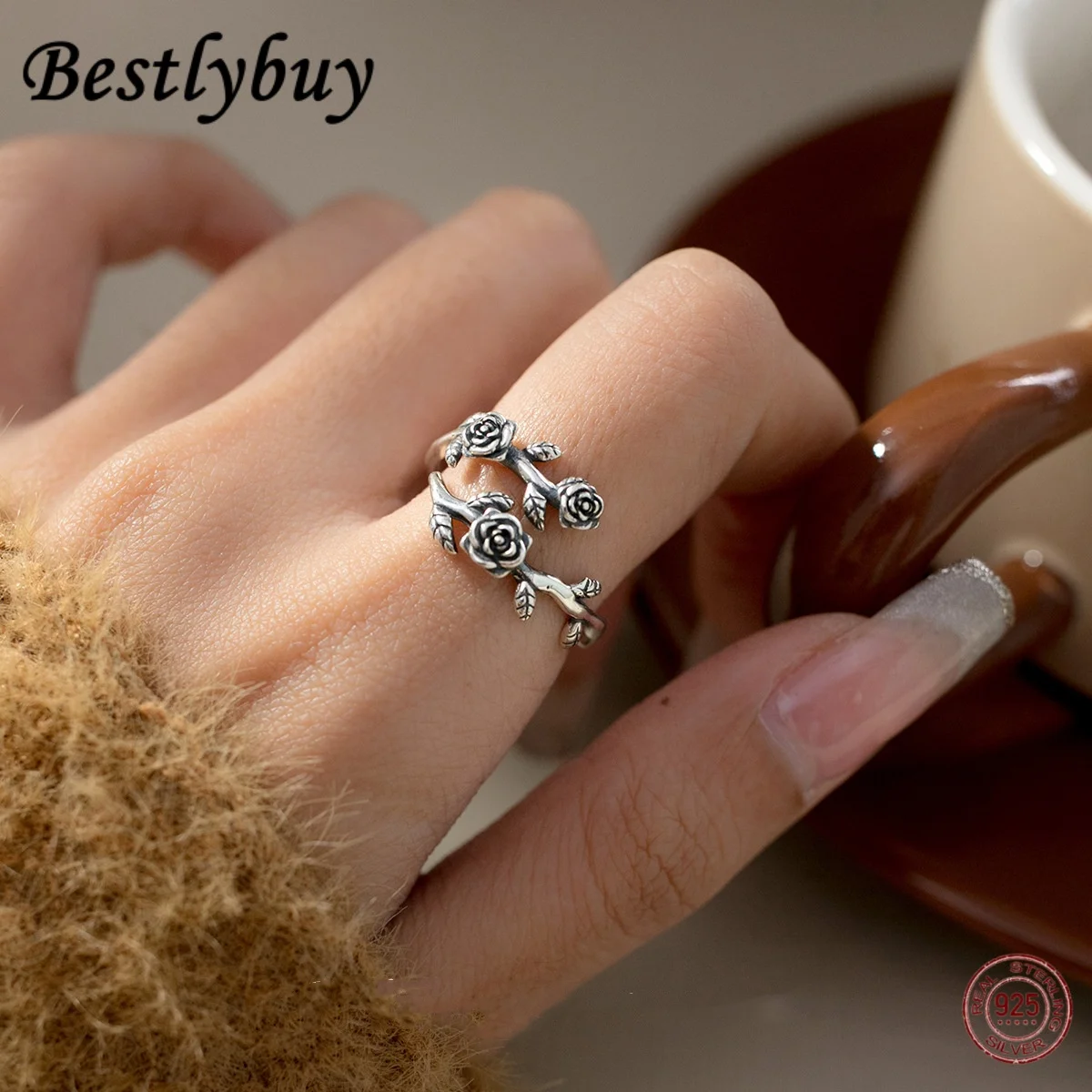 Real S925 Pure Silver Charm Jewelry Retro Thai Silver Fashion Temperament Rose Branch Leaf Ring