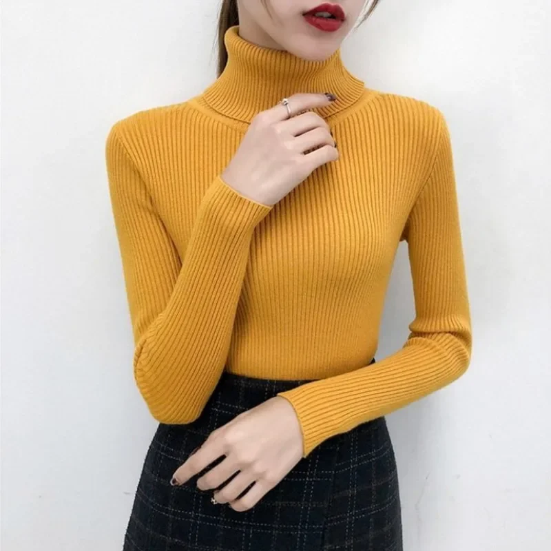 Suéter de cuello alto para mujer, Jersey elegante de punto de fondo Delgado, Tops informales de manga larga, Otoño e Invierno