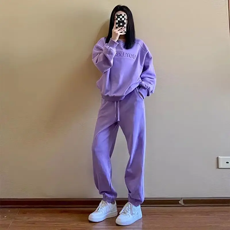 Women\'s 2026 New Purple Sports Suit Spring And Autumn Casual Fashion Style Loose Long Sleeve Sweater Tops Pants 2 Two Piece Set