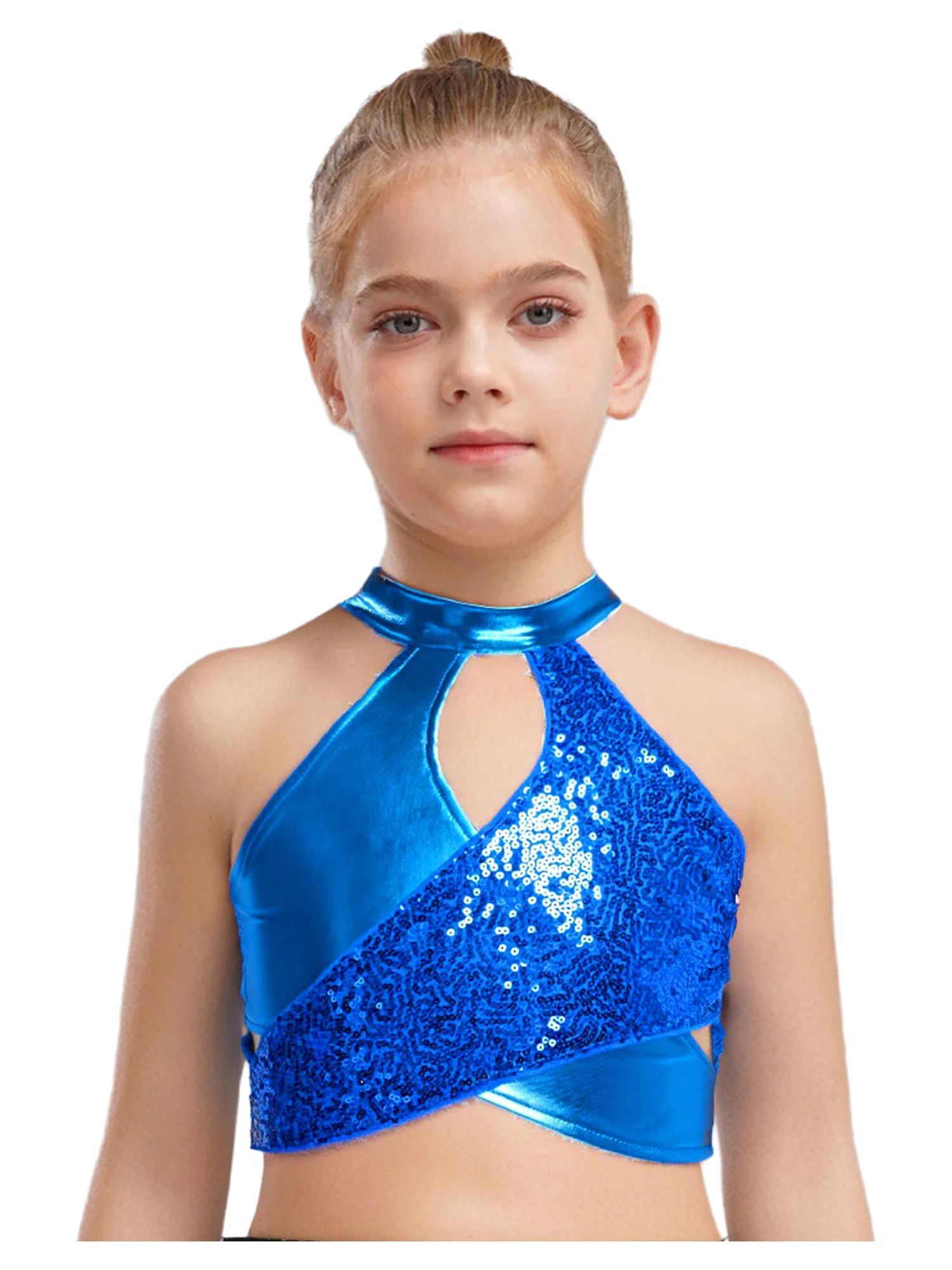 

Kids Girls 2Pcs Jazz Dance Outfits Cross Keyhole Sparkly Sequins Metallic Crop Top with Shorts Set for Dance Training Practice