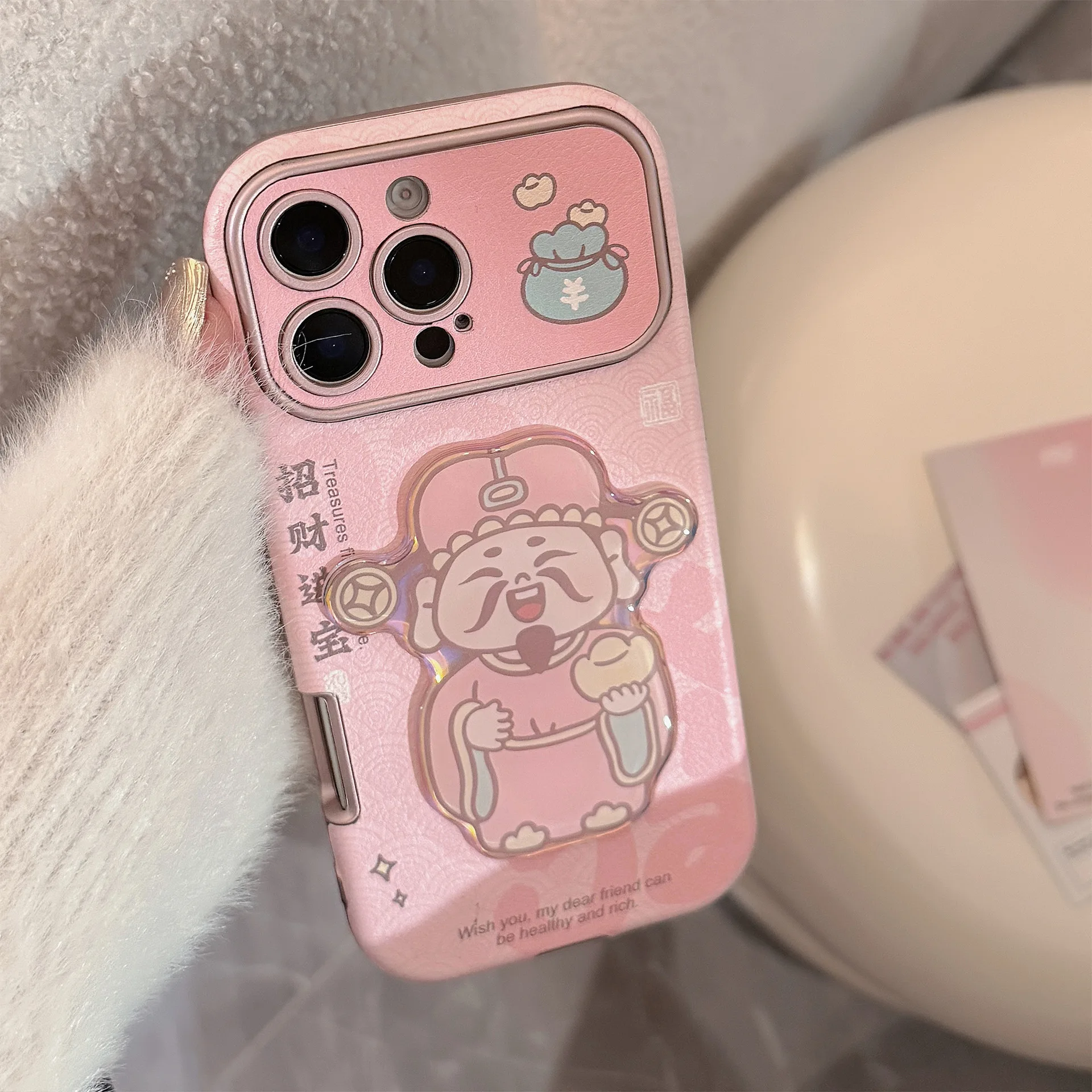 Niedliche Cartoon-3D-Rosa-Glücksgott-Handyhülle für iPhone 16, 15, 14, 12, 13, 11 Pro Max, Lederstruktur, großes Fenster, stoßfeste Abdeckung