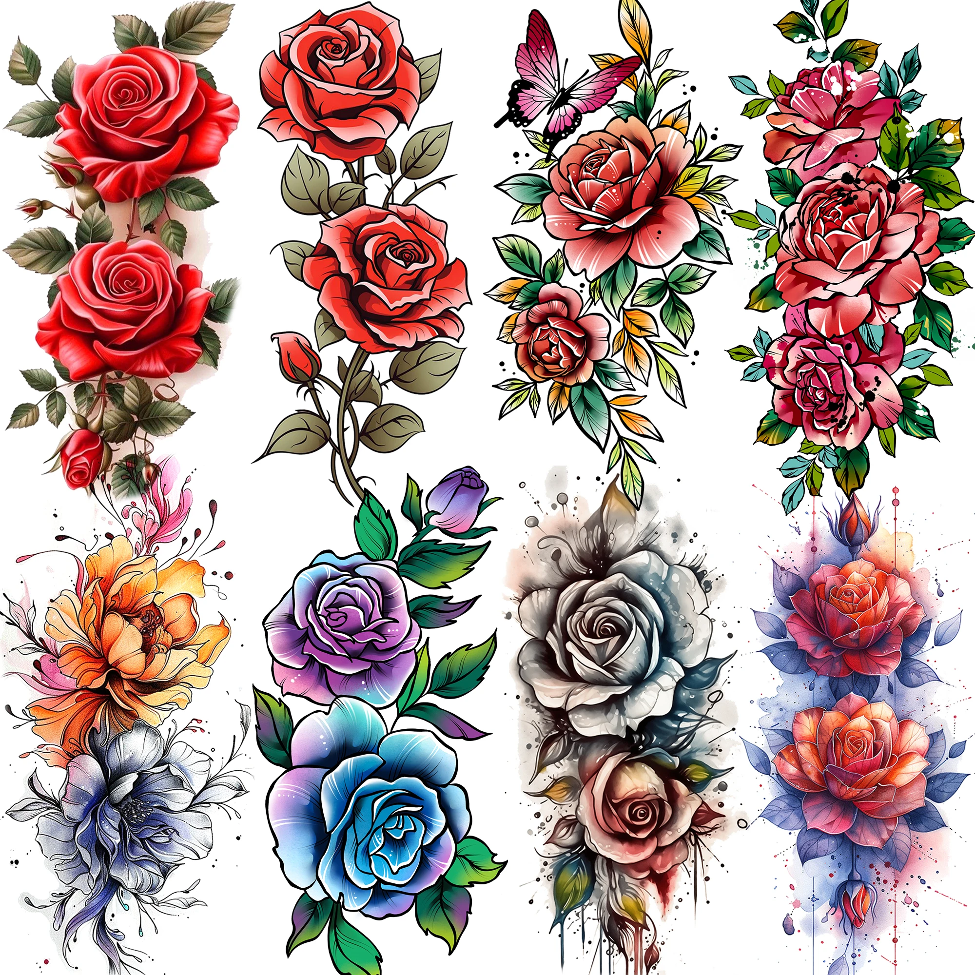 1 Sheet Watercolor Peony Rose Flowers Temporary Tattoos For Women Girls Body Art Tatoos Waterproof Realistic Fake Tattoo Sticker