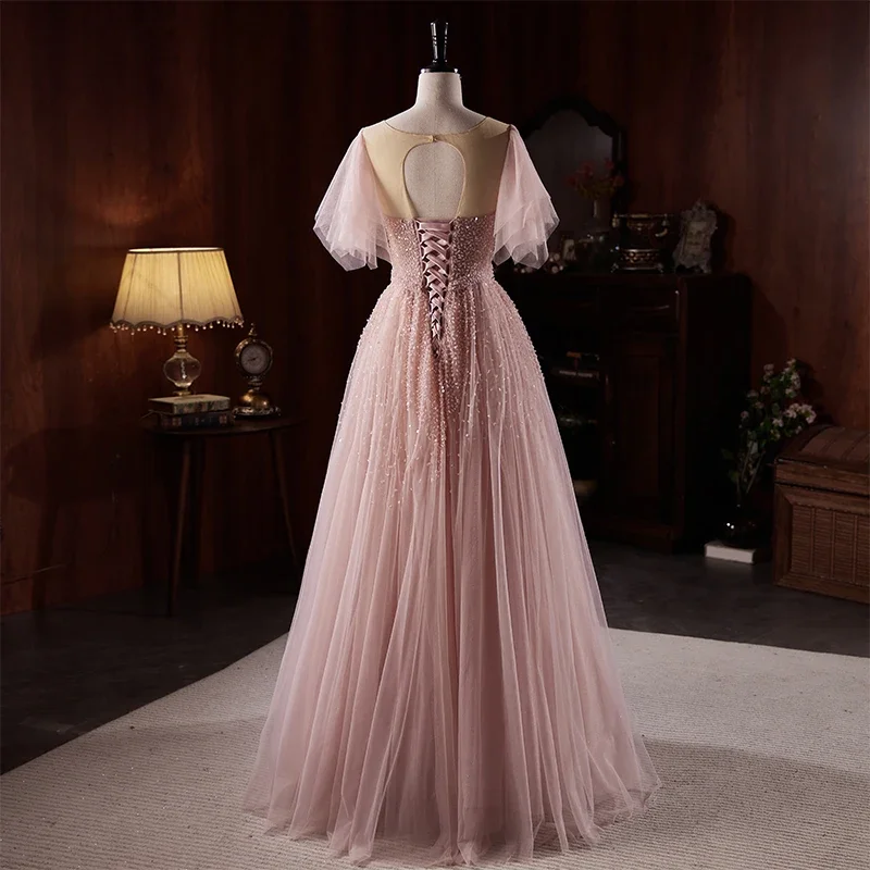 Robe de Soirée Personnalisée Rose avec Perles de Qualité, Col Rond, Manches Courtes, Longueur au Sol, à Lacets, Grande Taille, Formelle, B2739