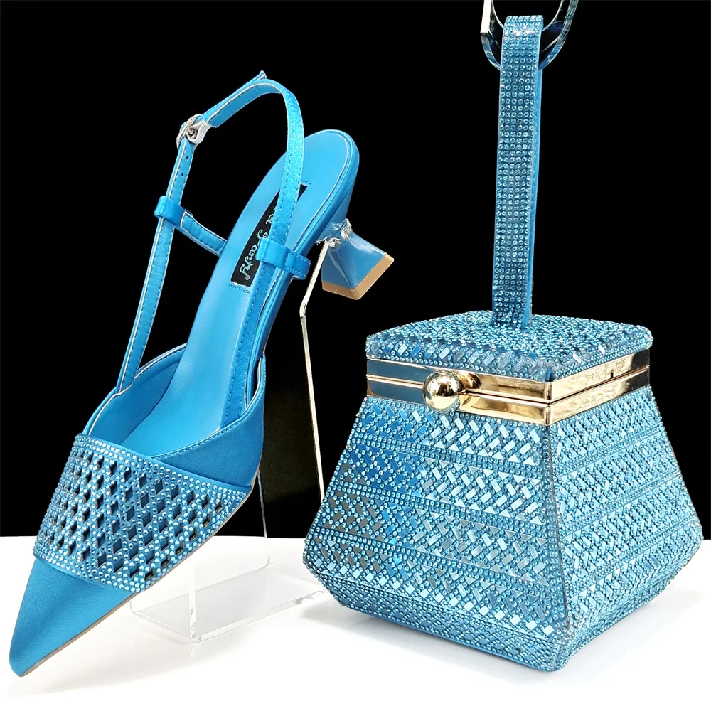 Sky Blue Women Shoes And Bag Set African Ladies High Heel Pumps Match With Handbag Sandals Clutch Escarpins Femme Sandale QSL096