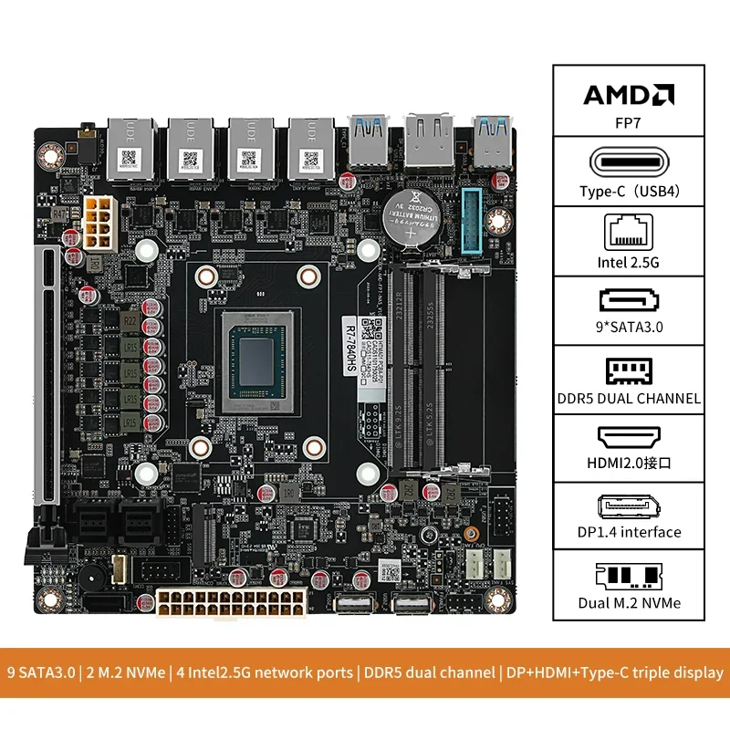 Материнская плата AMD Ryzen 7 8845HS 9 7940HS 9-Bay NAS USB4 4xi226-V 2,5G LAN 9xSATA3.0 2xM.2 NVMe PCIE X16 2xDDR5 17X1 7 межсетевой экран ITX