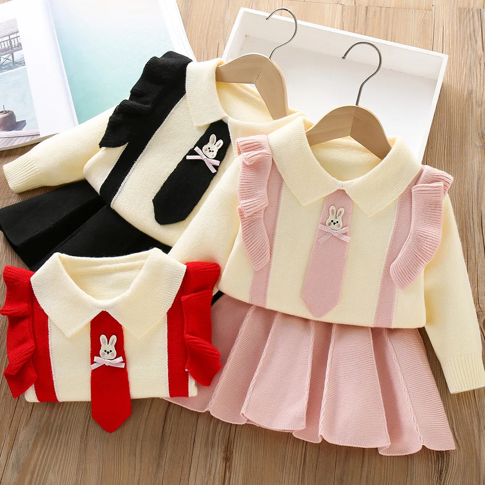 Toddler baby girl 0-6 years old autumn knitted set, Korean style cute navy style knitted top+pleated skirt 2-piece set