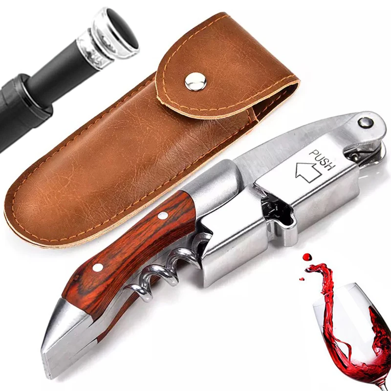 Wood Handle Wine Opener - Professional Wine Opener Portable Waiters  Corkscrew Beer Bottle Cap Opener With PU Bag & Wine Stopper