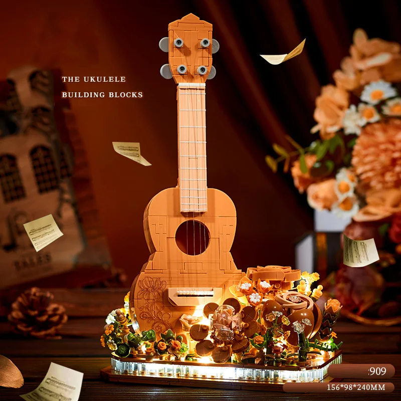 Creative Musical Instruments Mini Block Ukulele Music Flower Movement Building Bricks Educational Toys Collection For Girls Gift