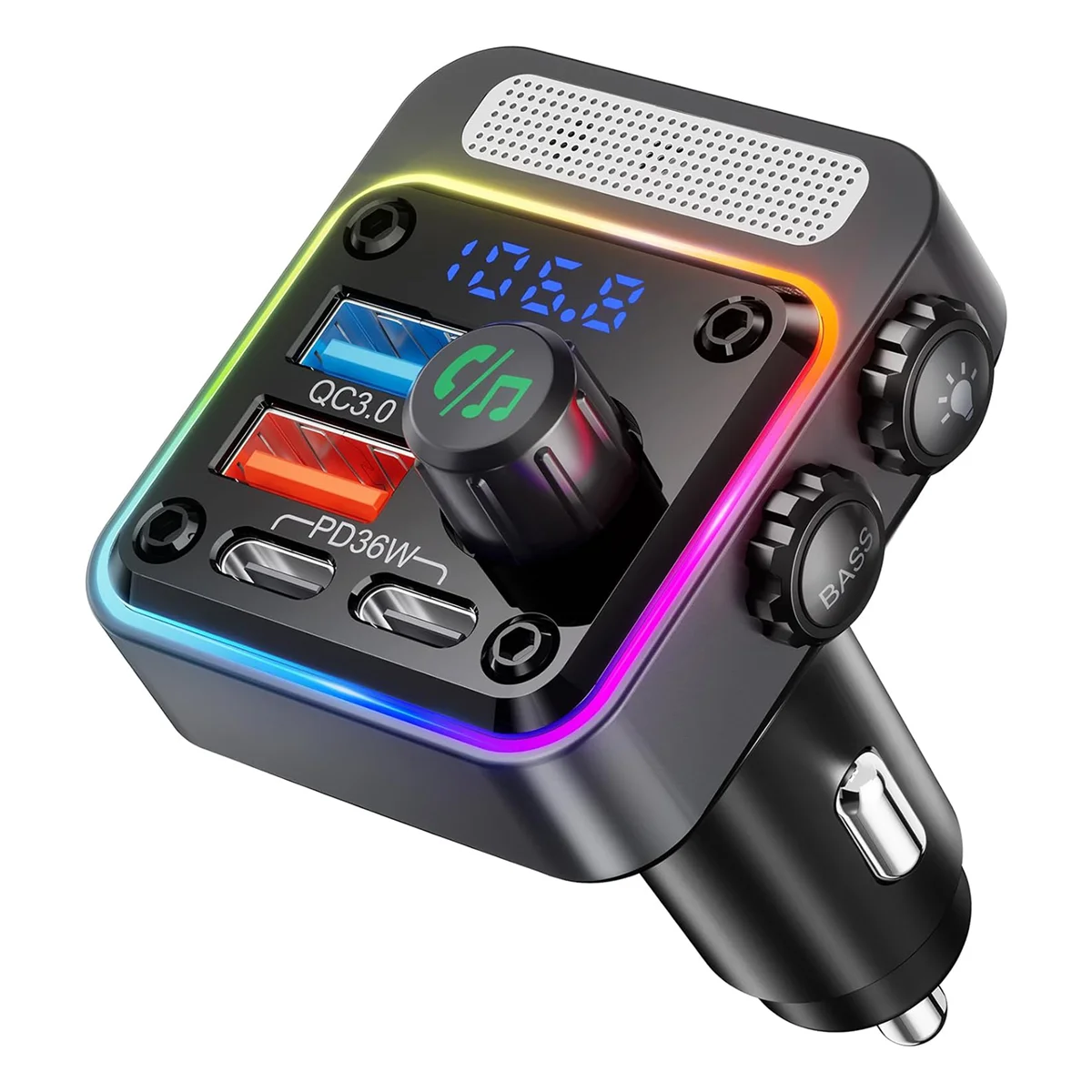 Bluetooth 5.3 Car Adapter with 4 Charging Ports 36W Wireless Radio FM Transmitter with Deep Bass Player 5 Colors Light