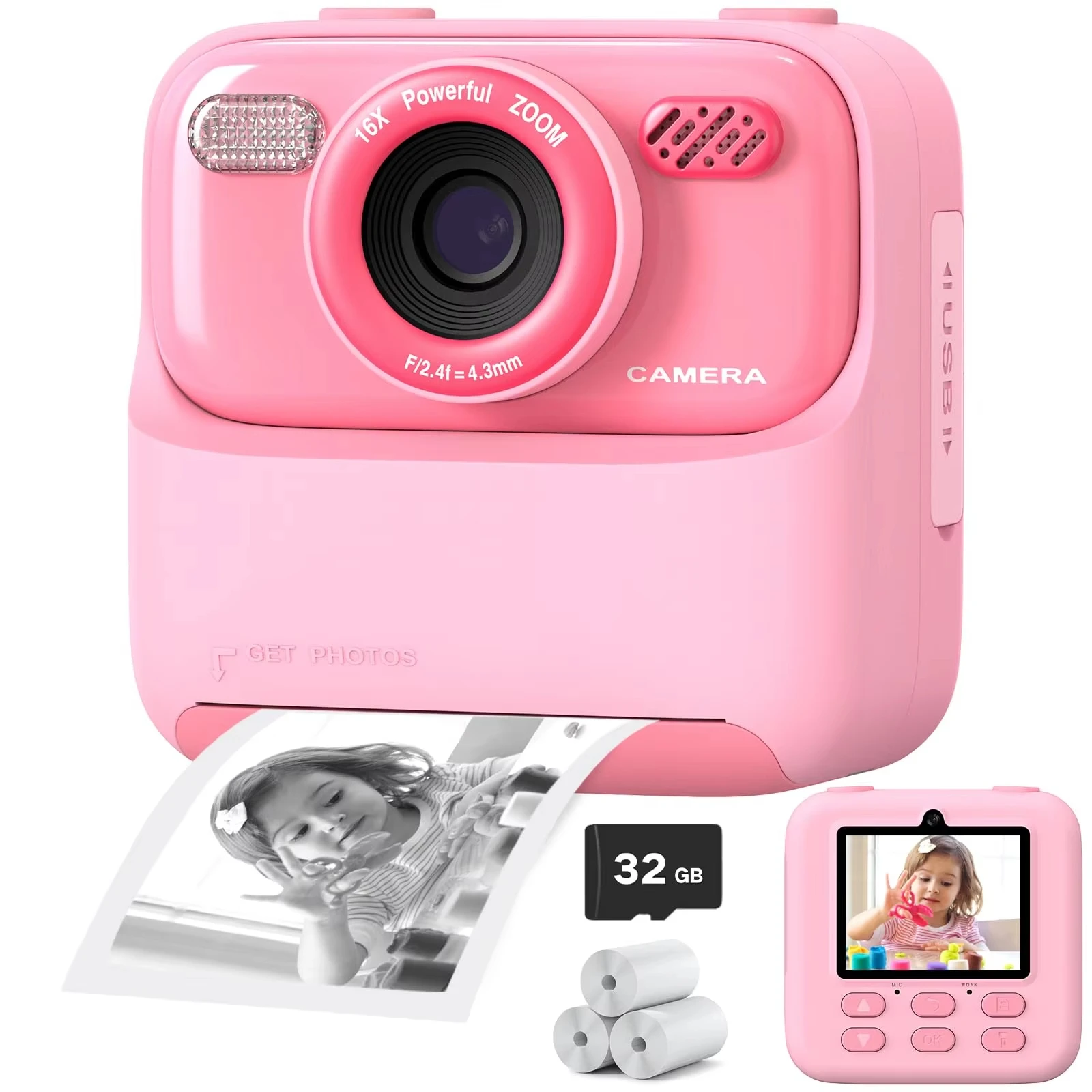 Kids Instant Print Camera 2.8 Inch Dual Lens P79 1080P High-Resolution Video Recording Plastic Kids Camera