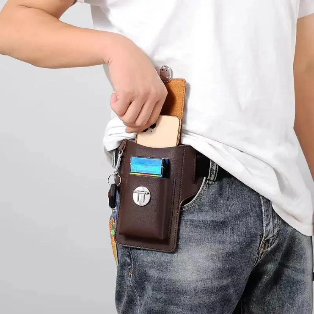 

High Quality PU Men's Belt Leather Case Solid color Card Bag Phone Waistpack